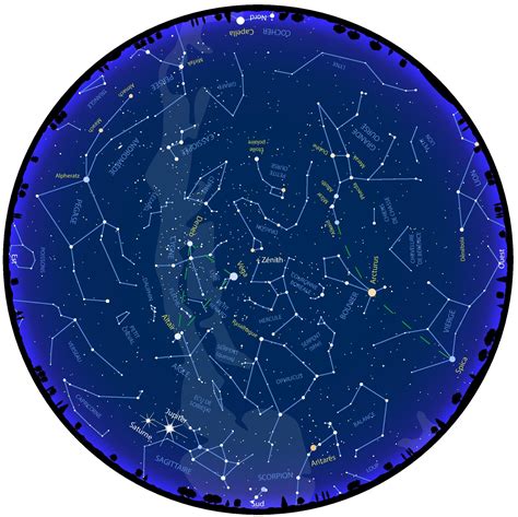 Carte du ciel du jour. Repérez les principales étoiles, constellations et planètes et observez les mouvements du ciel ! Cette carte est réglable à la date et à l’heure de votre choix.